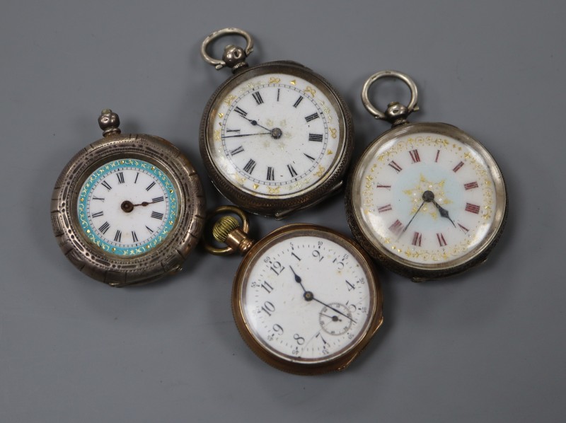 Three assorted white metal fob watches and a base metal fob watch.